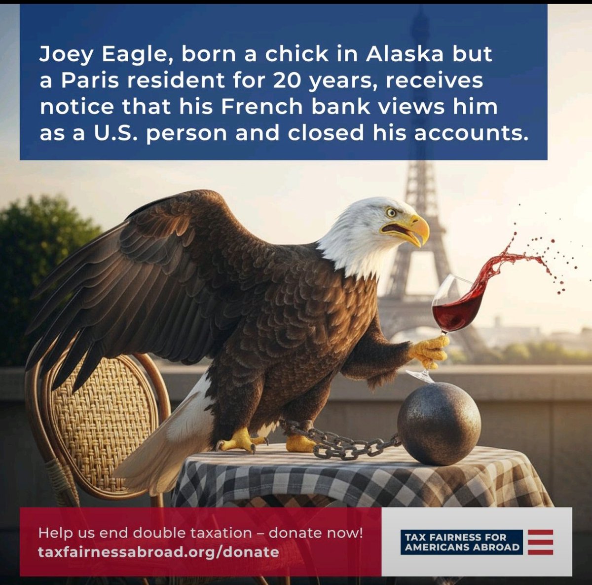 76Onclesam's tweet photo. Joey Eagle, né poussin en Alaska mais résidant à Paris depuis 20 ans, reçoit un avis l'informant que sa banque française le considère comme un citoyen américain et a fermé ses comptes. https://t.co/iLcfj93FY3