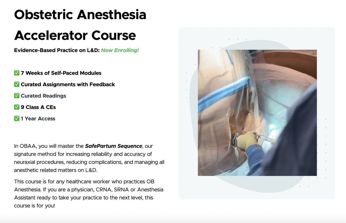 The Obstetric Anesthesia Accelerator Course #OBAA is open for enrollment! Join us if you're ready to lower your block failure rates, complications, and improve the quality of epidurals and spinals for your patients! safepartum-academy.teachable.com/p/obaa-2025