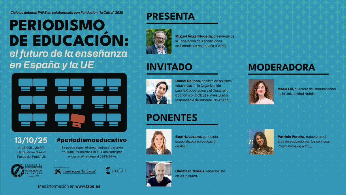 ➡️“Periodismo de educación: el futuro de la enseñanza en España y la UE”, segunda jornada de debate organizada con la colaboración de <a href="/FundlaCaixa/">Fundación ”la Caixa”</a> 
📅13/10, a las 18h, en <a href="/CaixaForum/">CaixaForum</a> 
👉Más info: fape.es/periodismo-de-…