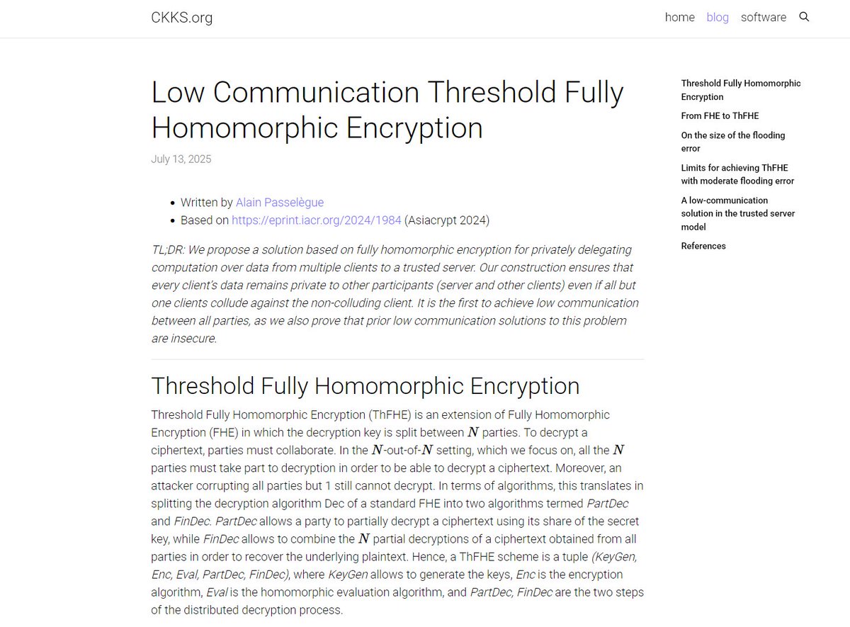 fhe_org's tweet image. New resource added to @fhe_org / resources :

&quot;Low Communication Threshold Fully Homomorphic Encryption&quot; by Alain Passelègue

Know of an FHE resource that should be shared? Let us know below!

#FHE #homomorphicencryption