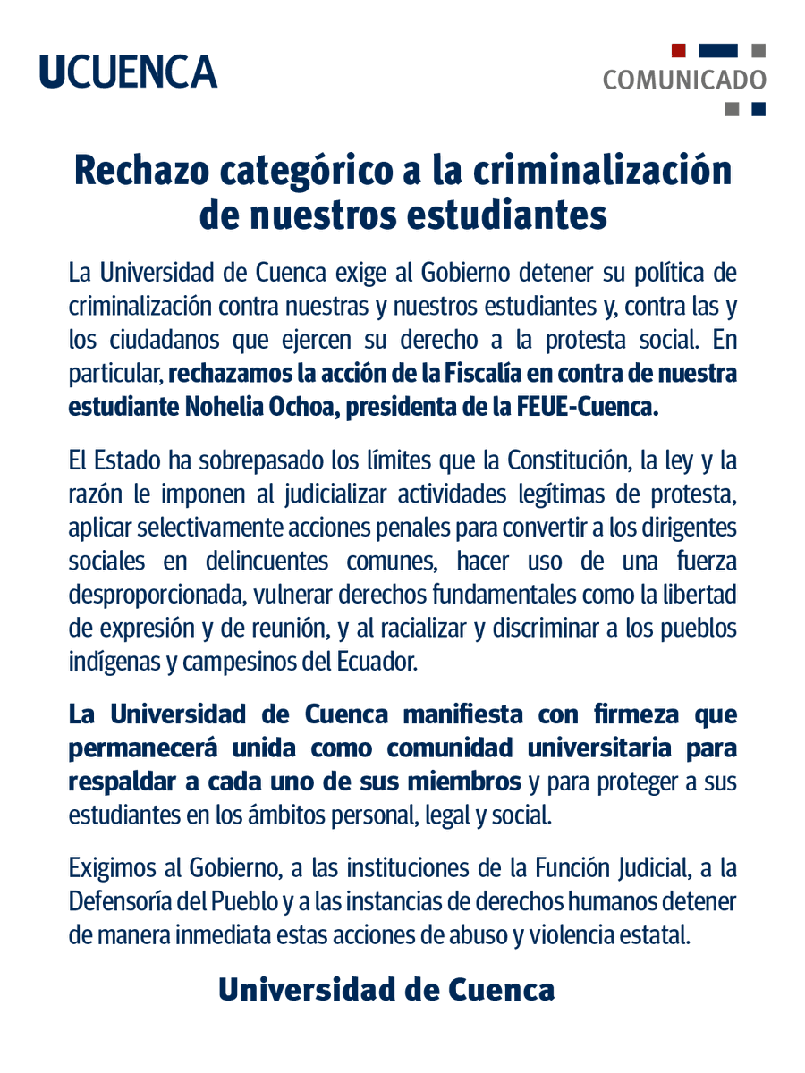 QuitoNoticias1's tweet photo. 🔴 La Universidad de #Cuenca condena la #criminalización de sus alumnos durante el #ParoNacionalEcuador.
🔹 Rechaza la causa abierta por la #Fiscalía contra la presidenta de la #FEUE - #Cuenca, #NoheliaOchoa.
👇 https://t.co/20EhcSy7R5
