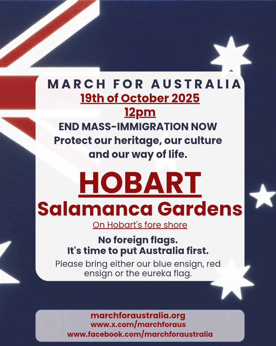 Post updated with Hobart location.
🇦🇺MARCH FOR AUSTRALIA🇦🇺
🇦🇺March For Australia Locations🇦🇺

After much negotiation with council and the police, our main locations and organisers are ready to be announced.

ALL EVENTS WILL BE HELD AT 12PM

SYDNEY: Hyde Park
ORGANISER: