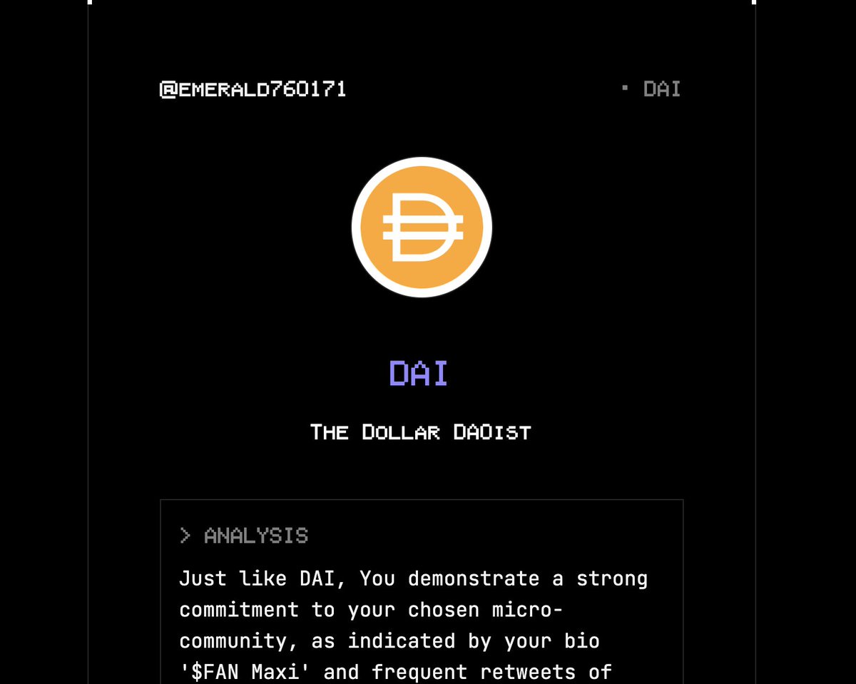 emerald760171's tweet photo. According to my twitter data, I give $DAI vibes.
Bullish?
Try Coinology on https://t.co/4TkQBYZiDT. #datarevolution https://t.co/ydWhajo4iV