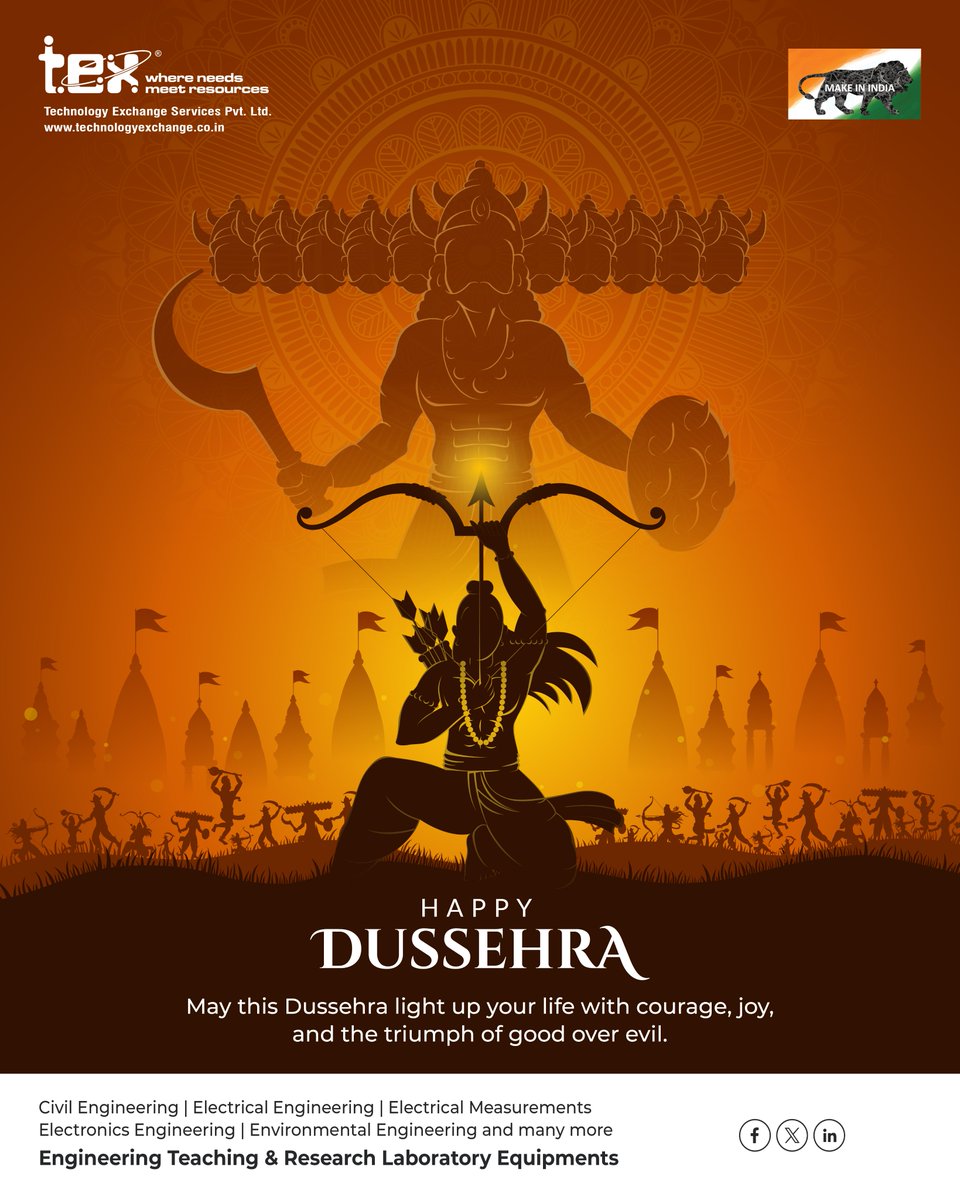 Tex_Technology's tweet image. Let’s celebrate the victory of good over evil, light over darkness, and courage over fear. May this Dussehra inspire us to rise stronger and brighter in every challenge. 
#HappyDussehra #Vijayadashami #VictoryOfGoodOverEvil #FestivalOfVictory #TriumphOfTruth #DussehraVibes