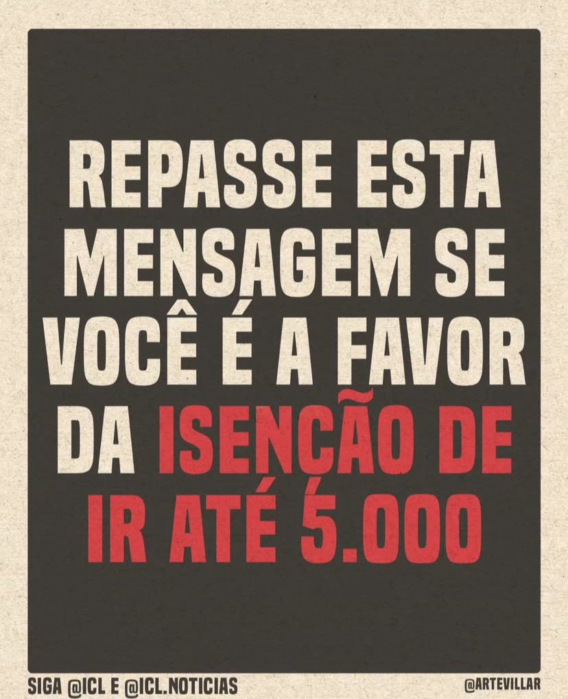 PAPO SÉRIO! Hoje é um dos dias mais importantes do ano. A aprovação da isenção do IR com taxação para os mais ricos pode ser um momento histórico que beneficiará milhões de brasileiros. Vamos pressionar muito! 

POVO SEM IMPOSTO
IMPOSTO ZERO
TAXAÇÃO BBB
BRASIL JUSTO
POVO ISENTO