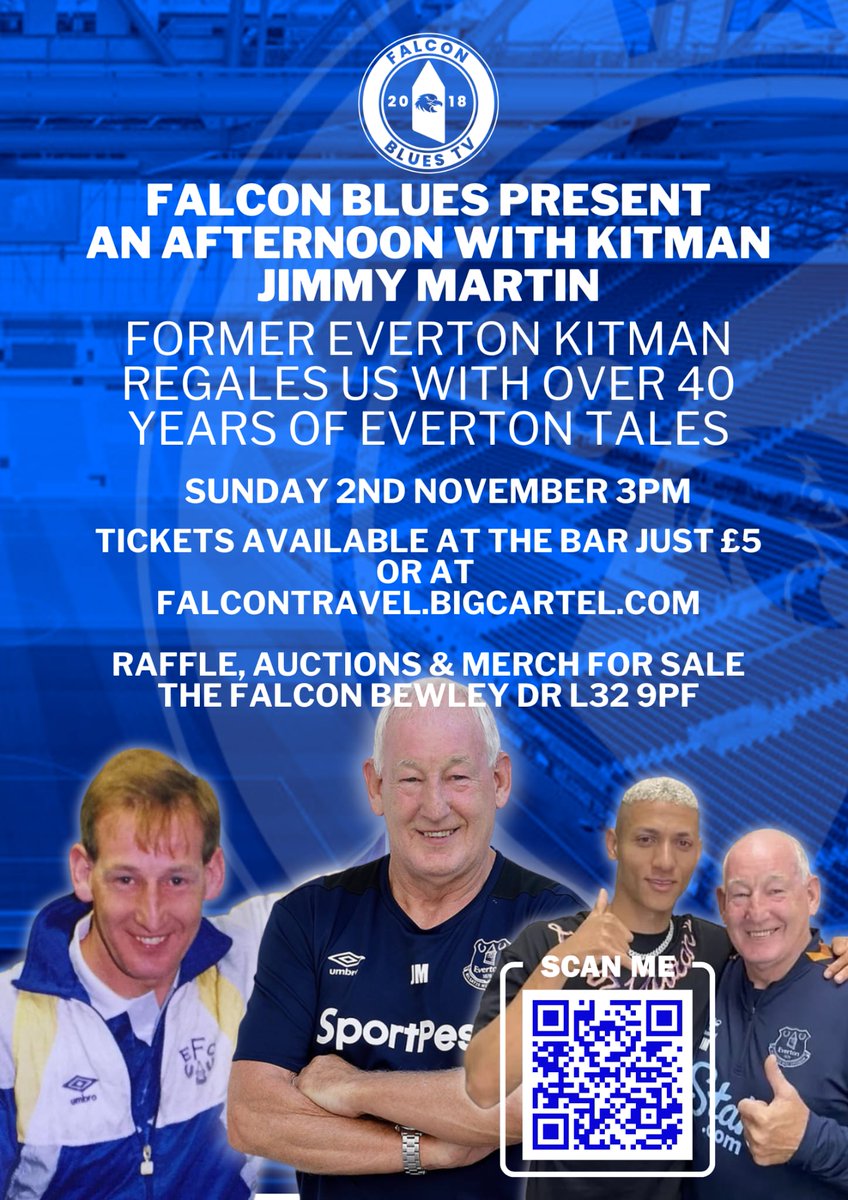 If you haven't seen this fella before, trust me he's better than any ex player. One funny guy, and 40 years at Everton. From James Rodriguez, Rooney, Gazza, to the 80's sides. He's worked with them all. Tickets just £5 and can be purchased at the bar or on falcontravel.bigcartel.com