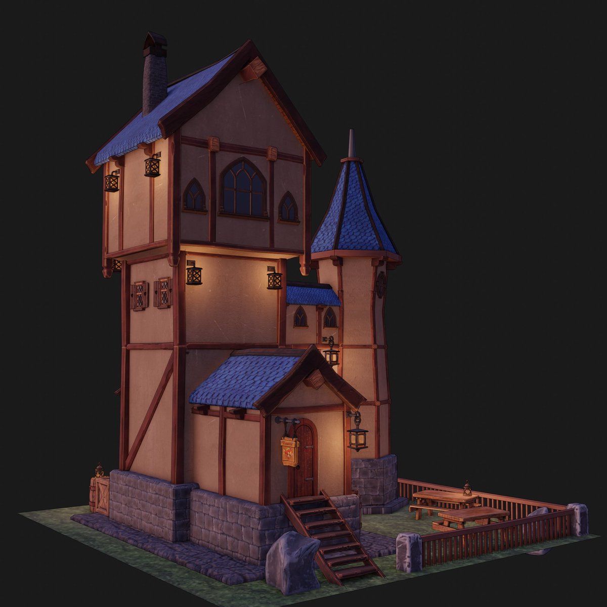Next "major" one.

This time, mage #tower made with assets from previous work. The idea was to create some sort of construction set to create fantasy buildings quick and steady)

~~~
#blender #3d #3dmodeling #3dmodel #building