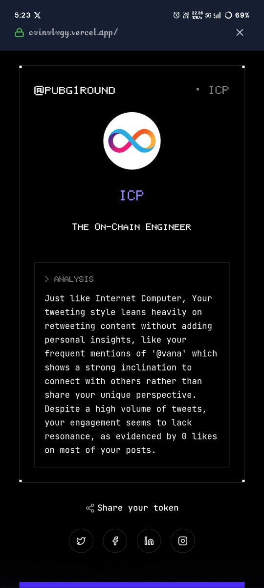 pubg1round's tweet photo. According to my twitter data, I give $ICP vibes.
Bullish?
Try Coinology on https://t.co/nSZbbj9HBn. #datarevolution @vana https://t.co/LHYdkk1OqU