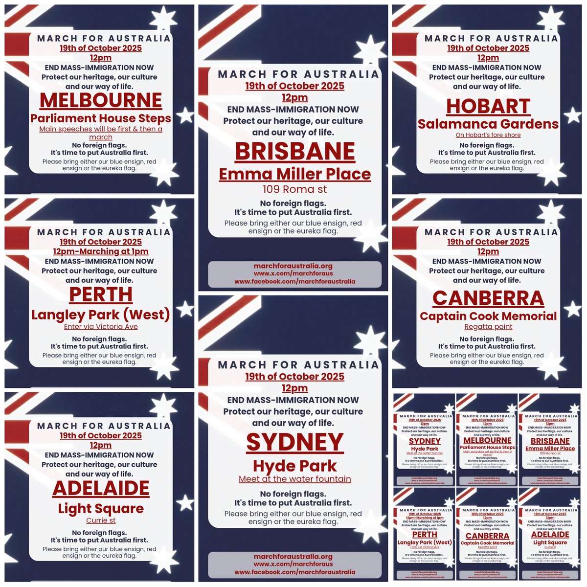 BecFreedom's tweet photo. Post updated with Hobart location.
🇦🇺MARCH FOR AUSTRALIA🇦🇺
🇦🇺March For Australia Locations🇦🇺
After much negotiation with council and the police, our main locations and organisers are ready to be announced.
ALL EVENTS WILL BE HELD AT 12PM
SYDNEY: Hyde Park
ORGANISER: @BecFreedom & Jesse Stewart @Jesse_J_S
MELBOURNE: Parliament House Steps
ORGANISER: Matt with the National Workers Alliance @_workers
BRISBANE: Emma Miller Place
ORGANISER: @SpambotX on X & team
PERTH: Langley Park (West)
ORGANISER: Baylie Bergroth @BoilingaBilly& team
CANBERRA: Captain Cook Memorial
ORGANISER: Ruth & team ftruck1976@gmail.com
ADELAIDE: Light Square
ORGANISER: @AnneMarlowl
HOBART: Salamanca Gardens
ORGANISER: Ryan James on FB
holdenrian56@gmail.com
Please see the organisers' pages for more information.
In terms of smaller events around Australia, we are doing it the same as last time. If you'd like to host one, please do so. Send us a flyer and we will happily promote it for you. All we ask is that you stay on topic and in line with our messaging.
#MarchForAustralia #AustraliaFirstOnly #MFA #october19