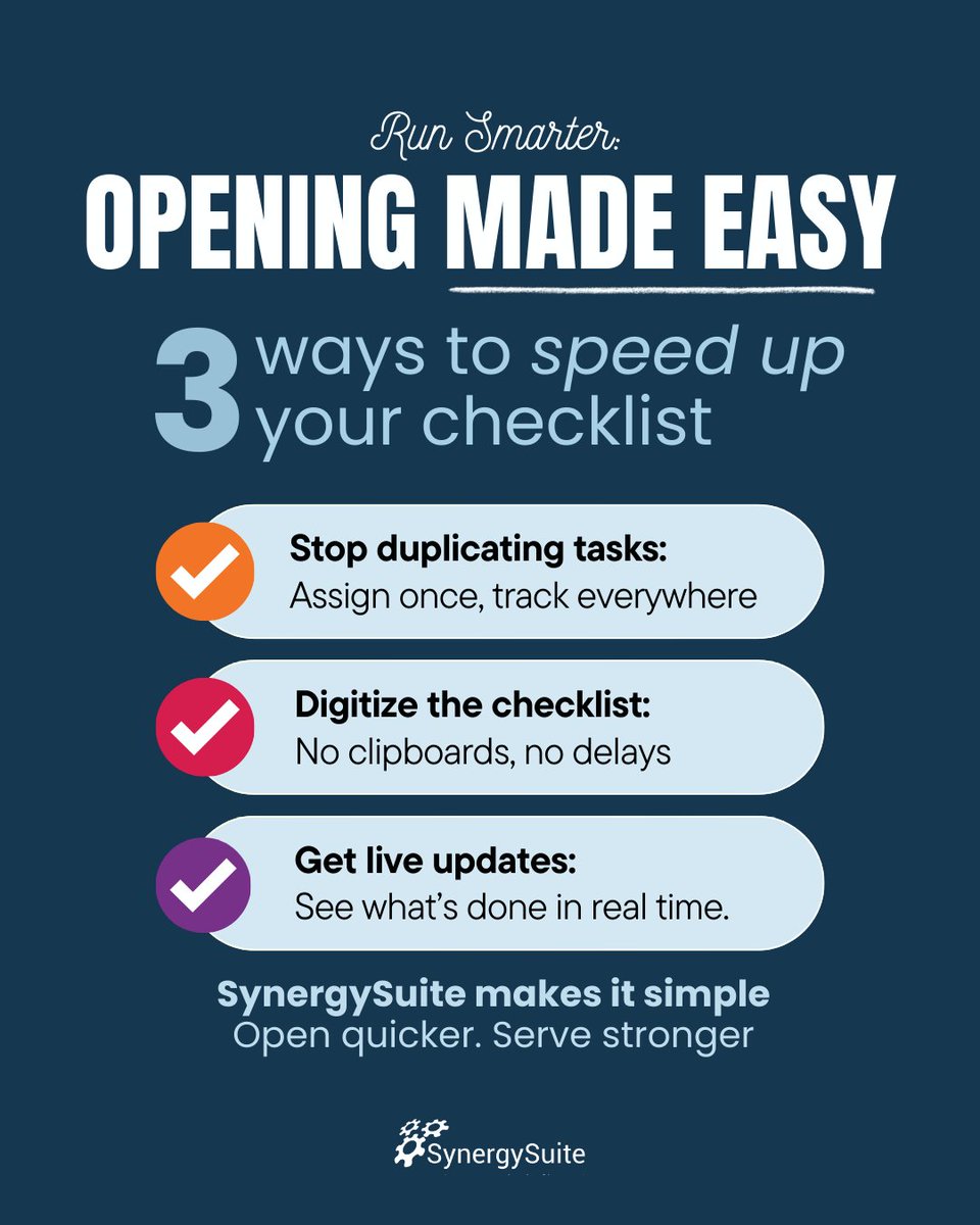 SynergySuite's tweet image. Opening shouldn’t feel like overtime. 🚀
With SynergySuite, it doesn’t.
#SmartOps #LeadingWithSynergySuite