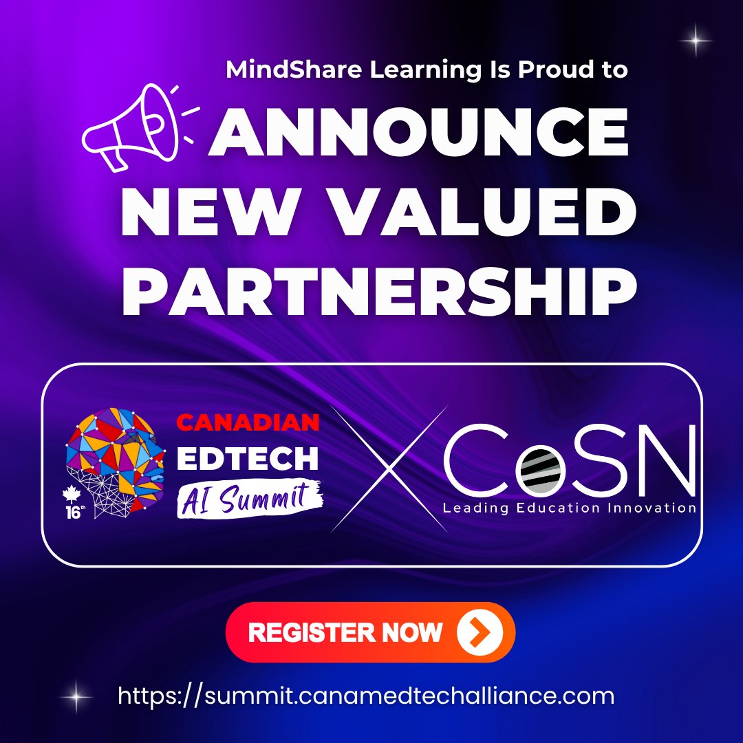 MindShareLearn's tweet photo. Weโre proud to announce a new valued partnership between CoSN and the Canadian EdTech AI Summit!
๐ค @Mindsharelearn
๐ Find them on X: @CoSN
๐๏ธ Donโt miss your chance to register today!
๐ https://t.co/8pMa3xR6my
#EdTechCAN25 #FutureOfLearning #CoSN https://t.co/yK0kSorD4S
