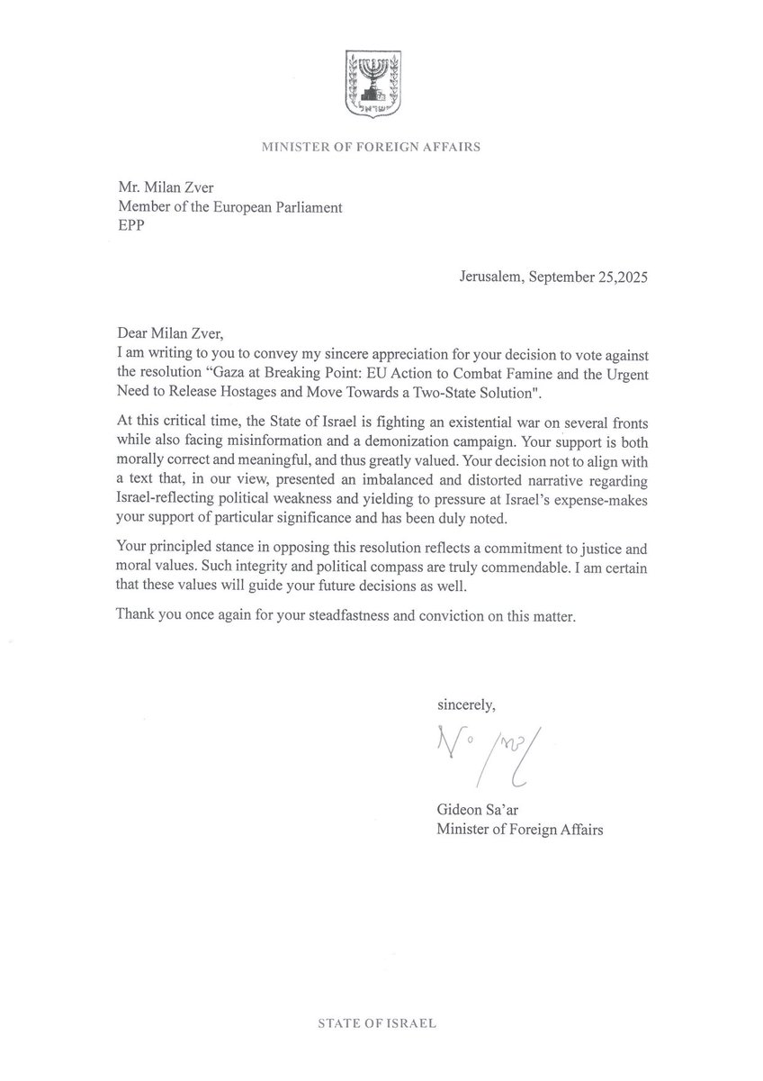 Resolucija Evropskega parlamenta z 11. septembra 2025 o Gazi na kritični točki neupravičeno obsoja Izrael, zato sem glasoval proti.

Prijetno presenečen sem bil nad pismom izraelskega zunanjega ministra Gideona Sara, ki je med drugim poudaril, da se Izrael bori v eksistencialni