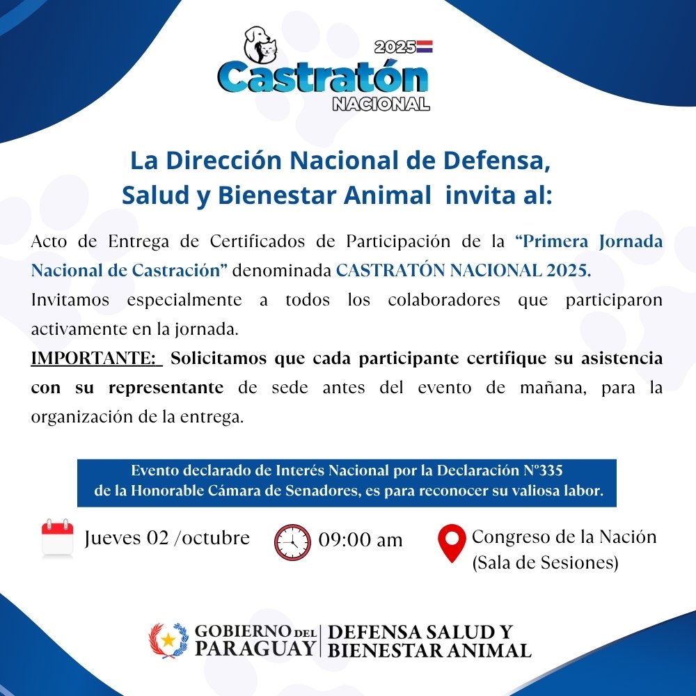 defensanimalpy's tweet photo. 🐕🐈‍⬛CASTRATÓN NACIONAL 2025

Invitamos a los colaboradores al Acto de Entrega de Certificados por su valiosa participación en esta jornada.

🗓️Mañana, Jueves 02/10
📌Congreso de la Nación,09:00 am

IMPORTANTE: Colaboradores, certifiquen su asistencia con su representante de sede. https://t.co/AIyTsle8y9