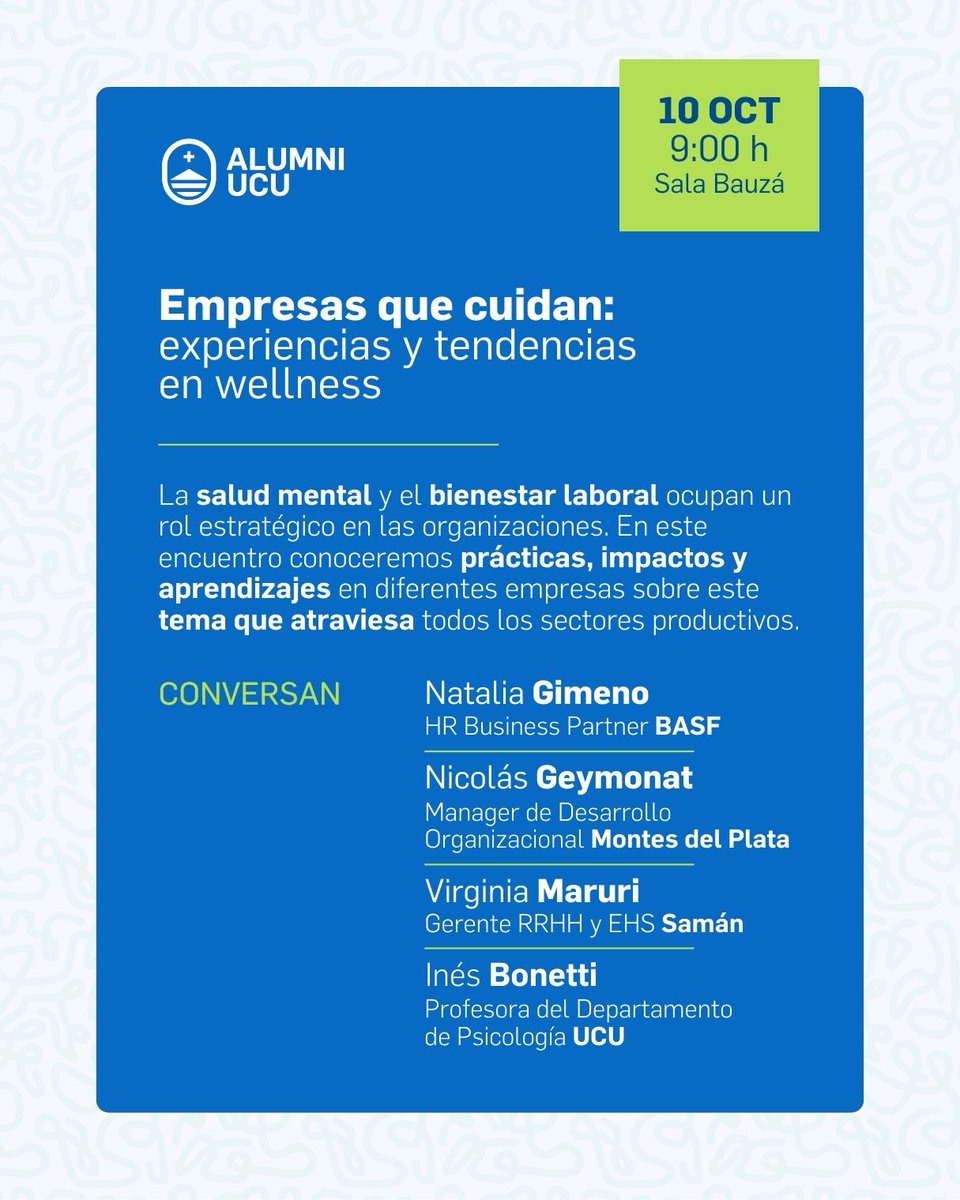 🔜 Ciclo de charlas 🗣️ SALUD MENTAL 

TODOS INVITADOS &gt; ¡3.ª edición de Alumni Trends!
📌 Del 7 al 10/OCTUBRE

Investigadores y referentes de organizaciones compartirán sus miradas y experiencias.

👉🏼 lnkd.in/ddHBd6cm
Actividad abierta, sin costo, con registro previo