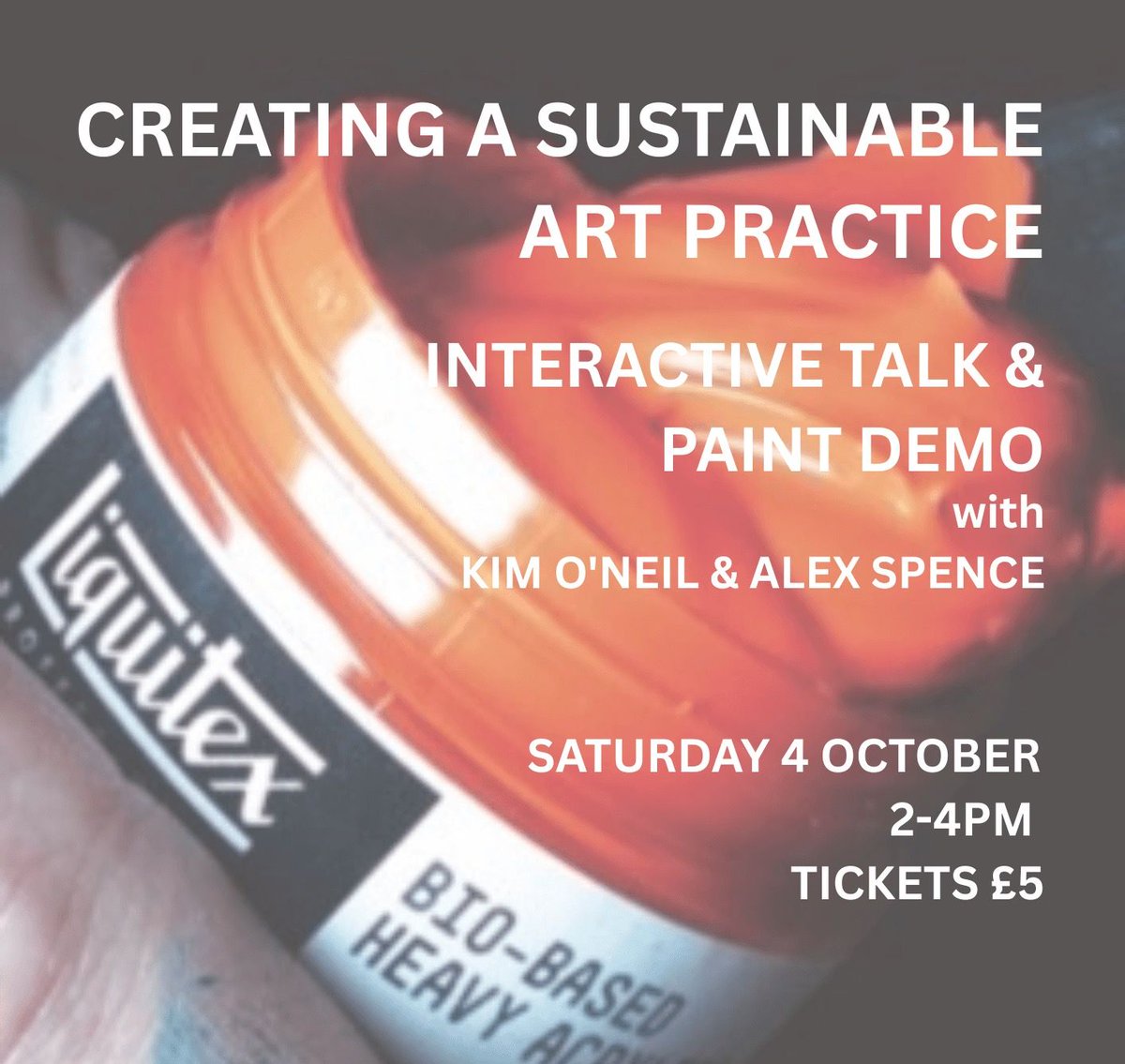Join environmental artist Kim O'Neil &amp; materials scientist Alex Spence this Sat for an eco-friendly paint talk 🌿 Learn sustainable art techniques, try new bio-based Liquitex acrylics. £5, 2-4pm . Part of '5 Years in the Wild' exhibition. Tickets: thehorsebridge.org.uk/talks-events/k…
