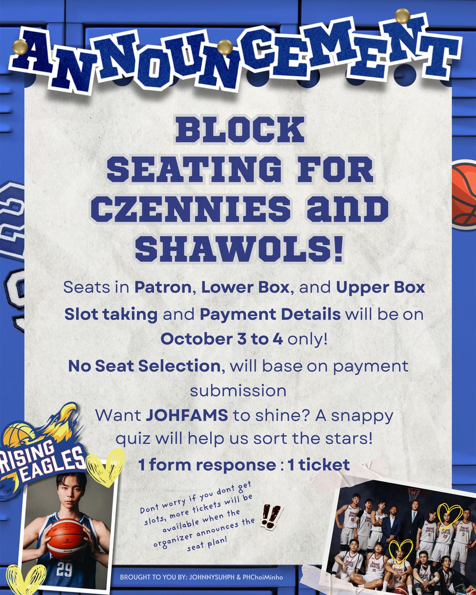 ALL FOR JOHNNY SUH &amp; TEAM RISING EAGLES 🩵🏀

Alongside <a href="/PHChoiMinho/">PH Choi Minho</a> , we present the BLOCK SEATING for CZENNIES AND SHAWOLS! 💪

Claiming will start on the evening of Oct 3 until Oct 4 in the afternoon. 

#JOHNNY
#JOHNNYSUH
#DunkItJohnnySuh
#BENCHShootOfAsia