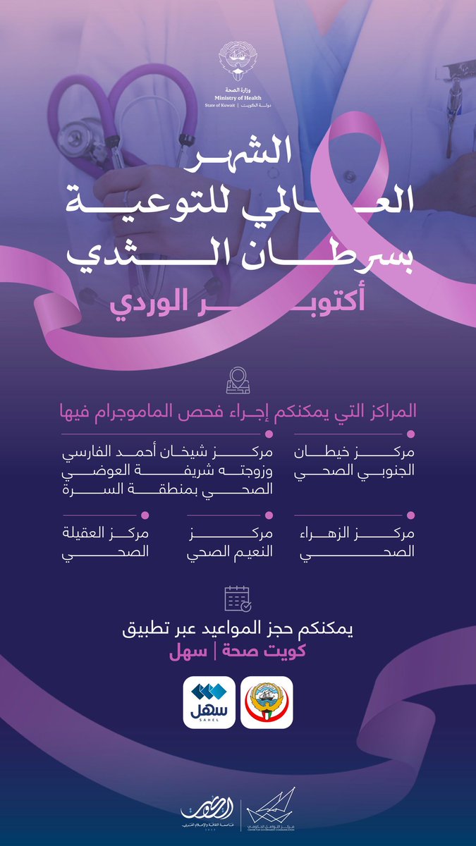 بمناسبة الشهر العالمي للتوعية #بسرطان_الثدي، توفر #وزارة_الصحة مراكز لإجراء فحص الماموجرام.

المراكز التي يمكنكم إجراء فحص #الماموجرام فيها⬇️

- مركز خيطان الجنوبي الصحي

- مركز شيخان أحمد الفارسي وزوجته شريفة العوضي الصحي بمنطقة السرة

- مركز الزهراء الصحي

- مرحز النعيم الصحي