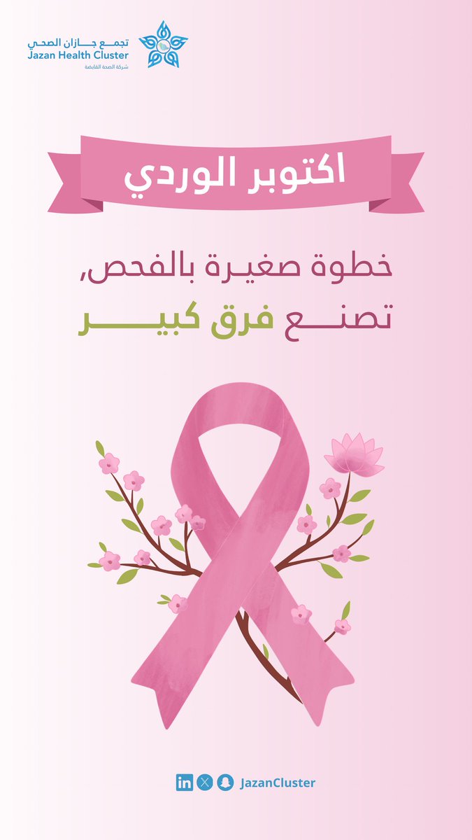 JazanCluster's tweet photo. #أكتوبر_الوردي | 🎀

شهر أكتوبر هو شهر التوعية بسرطان الثدي، وفرصة للتذكير بأهمية الفحص المبكر..
تشير الدراسات إلى أن 80٪ من أورام الثدي حميدة ، وفي حال الاكتشاف المبكر يمكن علاج المرض بنسبة تصل إلى 95٪.

✨ رسالتنا لكِ: لا تنتظري الأعراض، اجعلي الفحص المبكر عادة تنقذ حياتك.. https://t.co/u61HpPJEDa