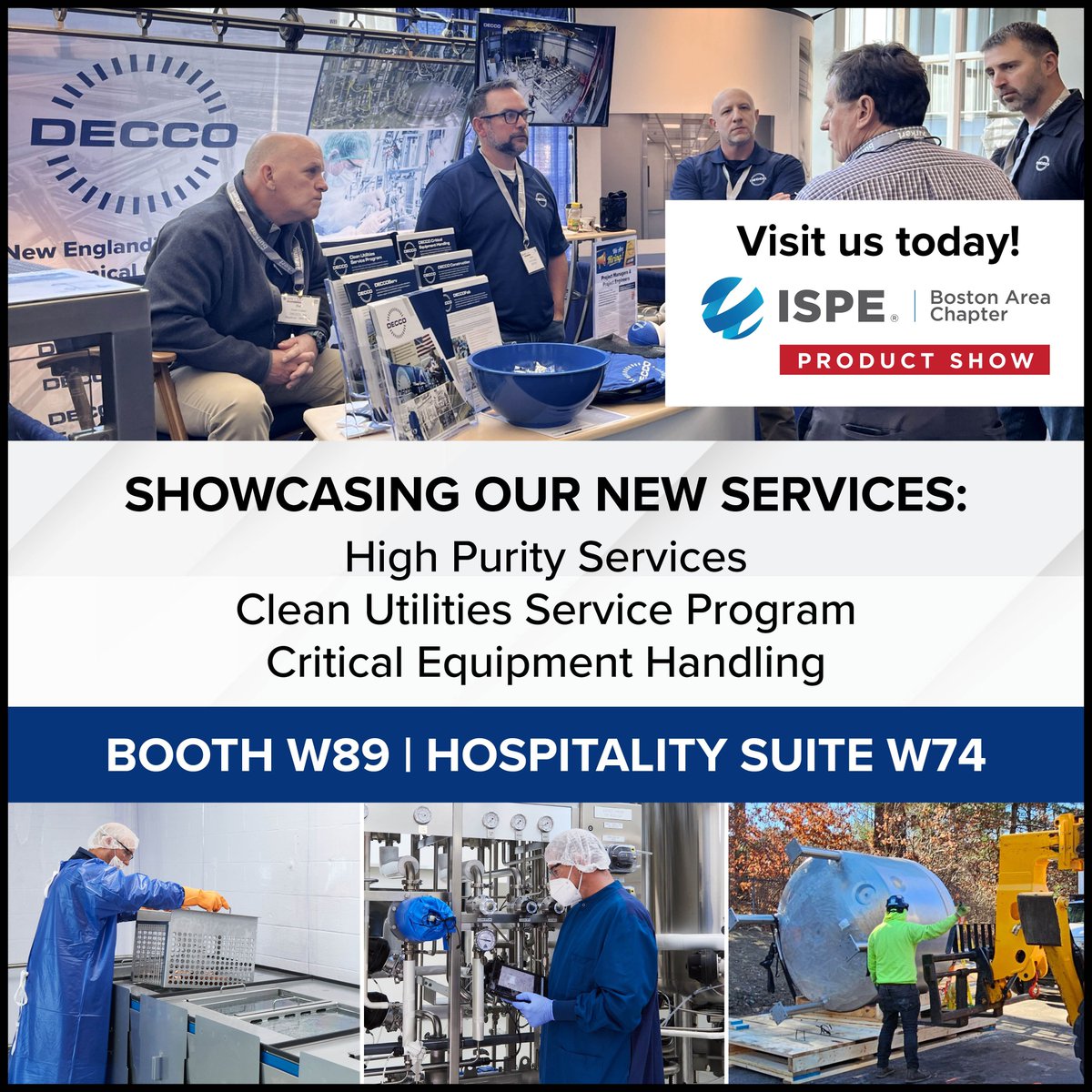 📢 Meet the DECCO team at the #ISPEProductShow today!
📅 10 AM to 6PM
📍 Booth W89 &amp; Hospitality Suite W74 | 🏈 Gillette Stadium

#CleanUtilities #HighPurity #LifeSciences #BioTech #ISPEBoston #TradeShow #Rigging #CleanForOxygen #Passivation #MechanicalPolishing #Electropolishing