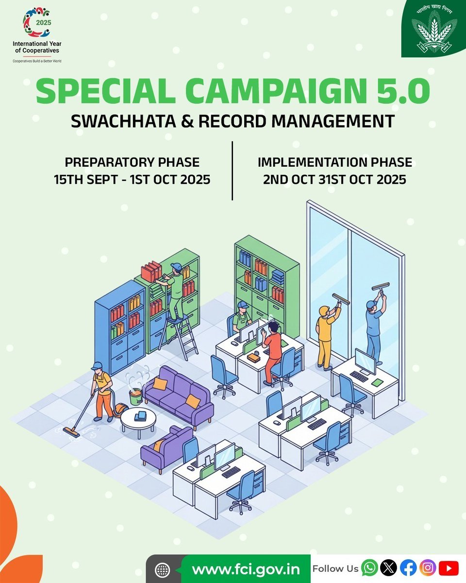 Gearing up for Swachhata

FCI enters the second phase of #SwachhataPakhwada with the launch of #SpecialCampaign5_0 - the Implementation Phase. This stage focuses on practising cleanliness at departmental level, with special emphasis on record management and workplace hygiene.
