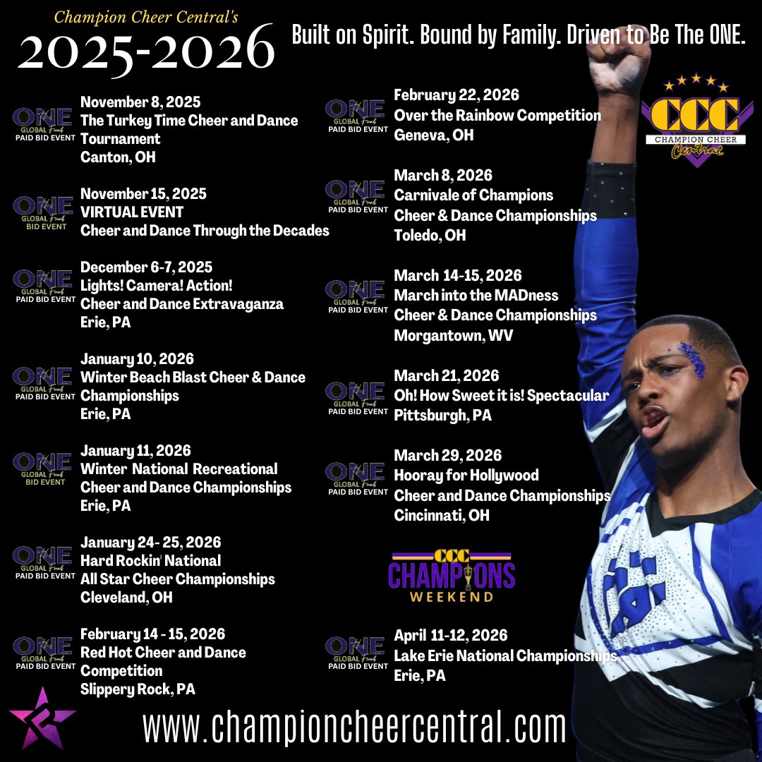 Heading to The One Global Finals this season?? Earn your bids at Champion Cheer Central's events. Build on Spirit. Bound by Family. Driven to Be The One!