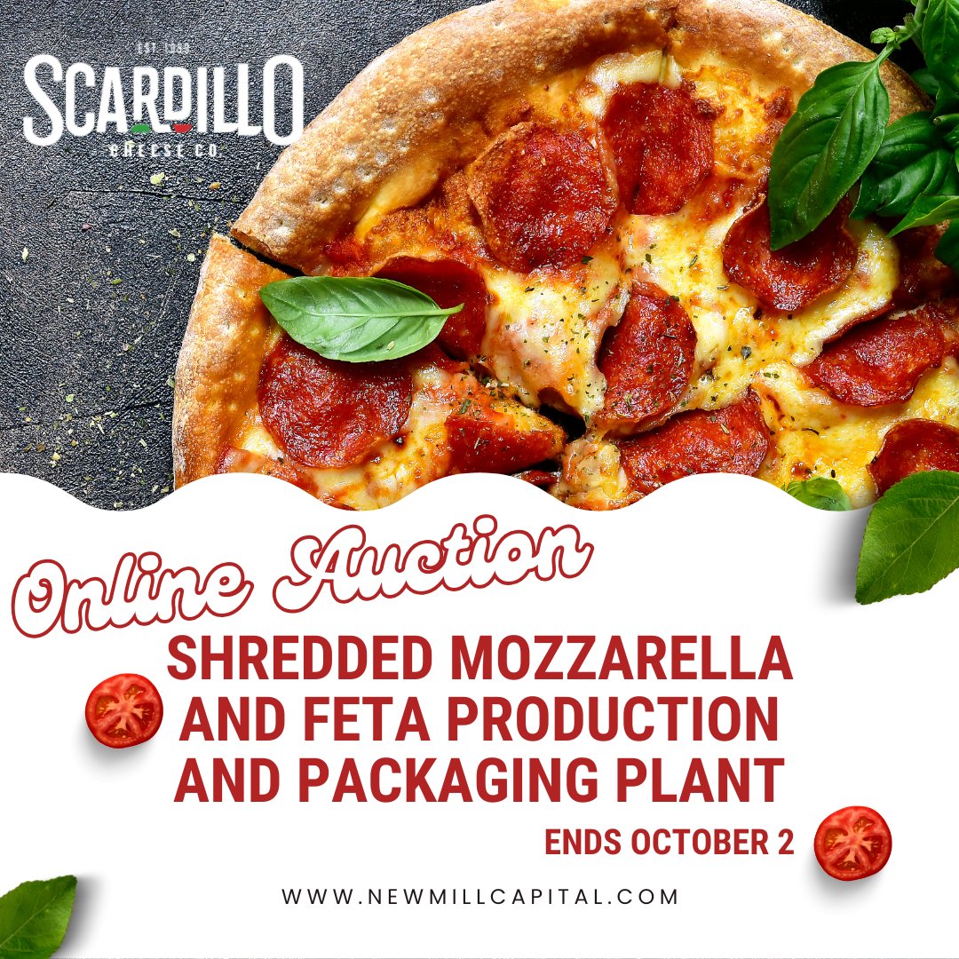 ENDS TOMORROW - Shredded Mozzarella and Feta Production and Packaging Plant. ow.ly/W8vf50WXO2n #onlineauction #auction #newmillcapital #scardillo #cheesecompany #cheeseplant #dairyplant #cheese #mozzarella #feta