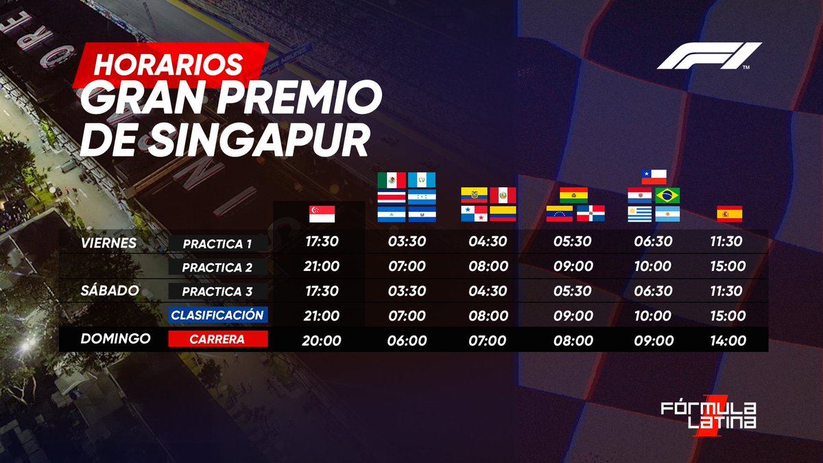 ¡Días, porque buen día ya es! 🌞
Estamos a solo 2 días del arranque del #SingaporeGP 🇸🇬 después de una semana eterna sin #F1.

⏰ Aquí los horarios por zona horaria para que no se pierdan nada de la acción ➡️