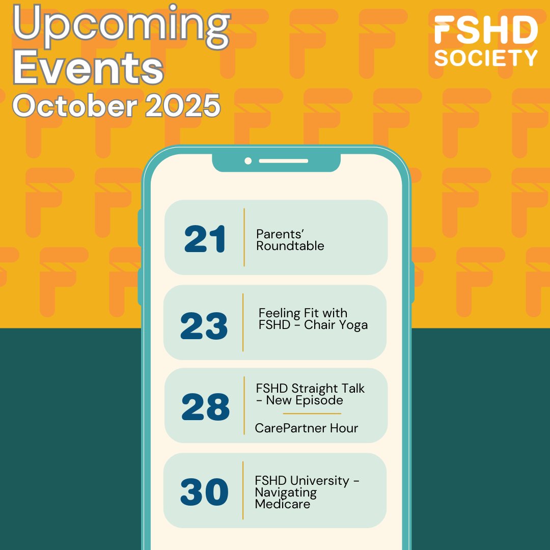 FSHD Society (@fshdsociety) on Twitter photo 🗓️ Here's a look at our October events! You can join Gathering Place groups and FSHD webinars via Zoom. Visit our Events Calendar for more details - especially Walk & Roll dates! - and to sign up!
fshdsociety.org/events 
#FSHD #Neuromuscular 🗓️ Here's a look at our October events! You can join Gathering Place groups and FSHD webinars via Zoom. Visit our Events Calendar for more details - especially Walk & Roll dates! - and to sign up!
fshdsociety.org/events 
#FSHD #Neuromuscular