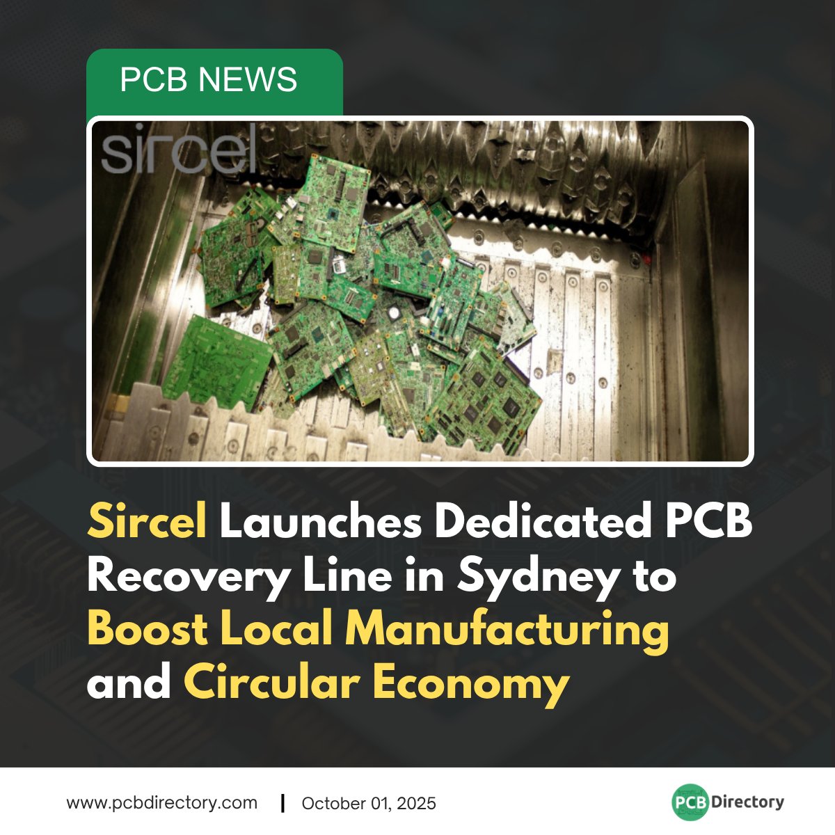 PCB_Directory's tweet image. Sircel has launched a dedicated PCB recovery line in Sydney, supporting local manufacturing while driving the circular economy forward.

Read More: ow.ly/ExGo50X4Su3

#Sircel #PCBRecovery #CircularEconomy #SustainableManufacturing