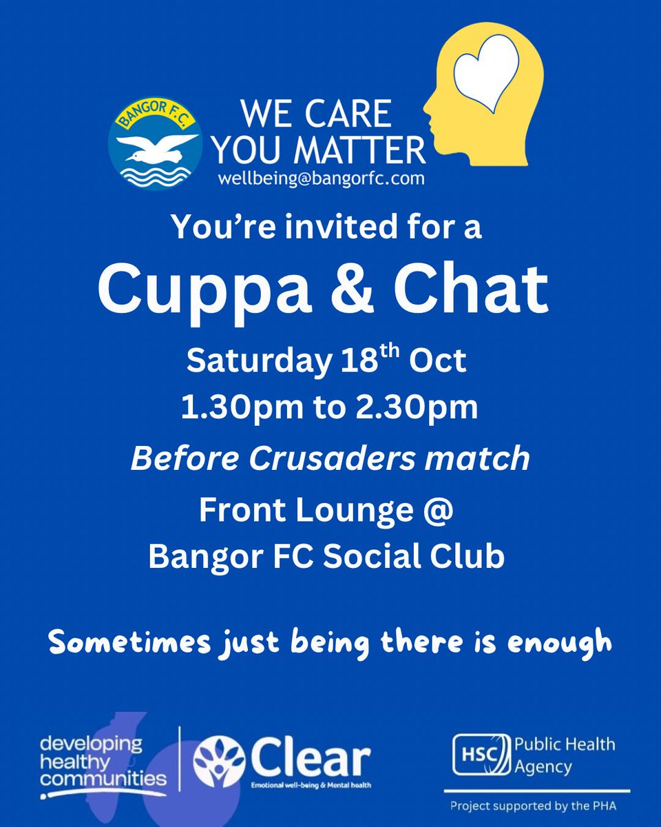 BangorFCComm's tweet photo. 🍵 Cuppa &amp; Chat

Why not come along for a tea/coffee and chat?

An great opportunity to meet other fans before the game versus Crusaders.

This is supported by the Clear Project. Also during the game there will be a collection for Dementia NI.

Details below 👇 https://t.co/355mix58AY