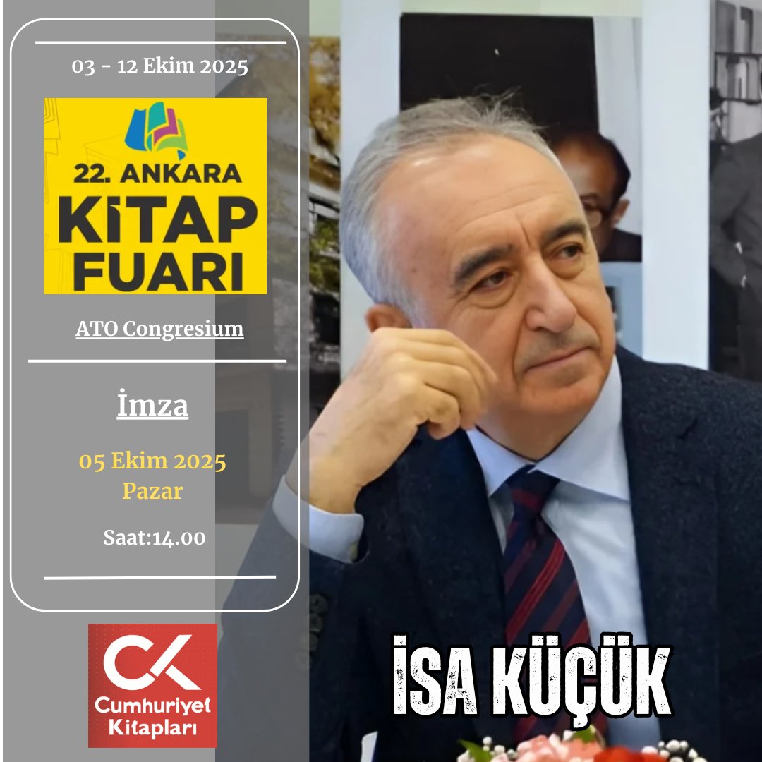 22. Ankara Kitap Fuarı kapılarını açıyor,
 
 Fuarın ziyaret saatleri sabah 10.00 ile akşam 20.00 saatleri arasında olacak.
 
 Cumhuriyet Kitap yazarları da okurlarıyla buluşuyor.
#İSA KÜÇÜK
#MİNA TANSEL
#ÜLKÜN TANSEL