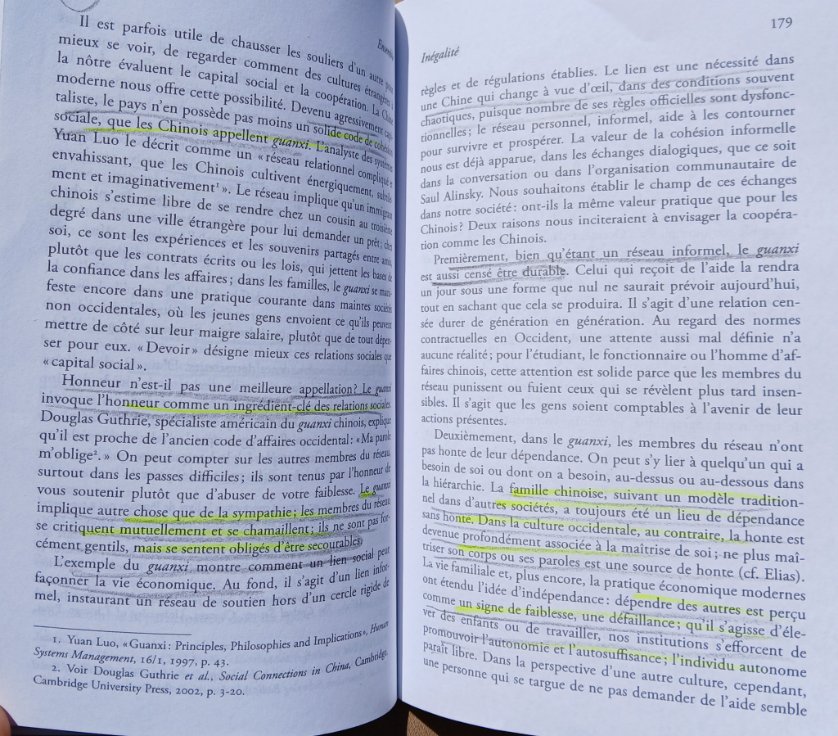 Dans 'Ensemble: Pour une éthique de la  coopération' (2012), Richard #Sennett évoque le code de cohésion sociale chinoise  ('guanxi') basée sur le lien informel et dialogique (incluant la dispute) avec l'autre, sens de la solidarité qui fait de plus en plus défaut à l'Occident.