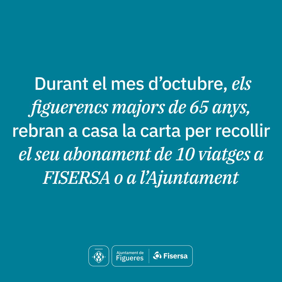 📜 Durant aquest octubre totes els majors de 65 anys empadronats a la ciutat rebran una carta amb un codi QR que hauran d’entregar presencialment –fins el 31 de desembre- a la recepció de l’Ajuntament de Figueres (plaça de l’Ajuntament) o a <a href="/fisersa/">FISERSA</a>  (C/ Alemanya, 5)