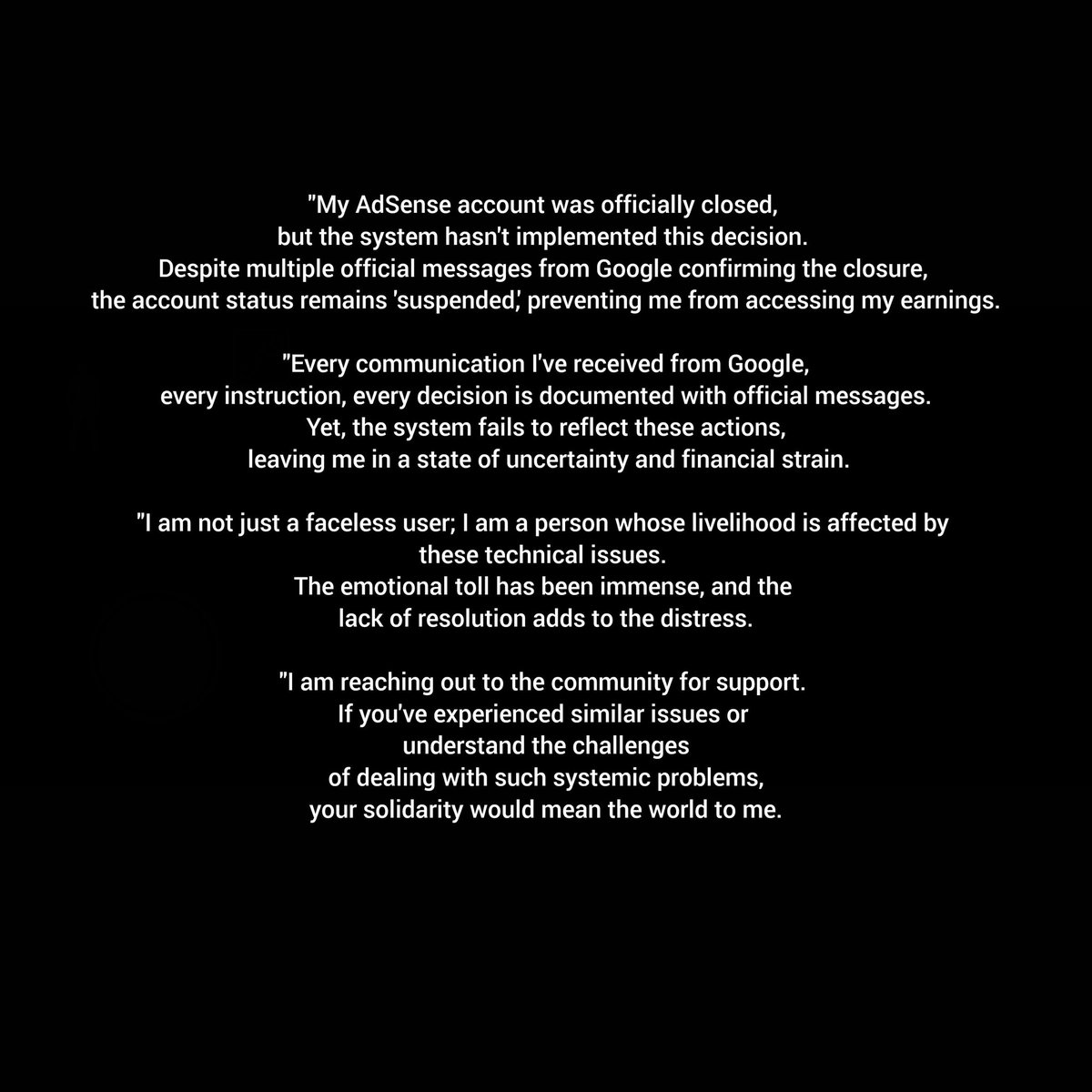 doaaMkarman's tweet image. #AdSenseIssues #GoogleSupport #DigitalRights #CommunitySolidarity #TechAccountability
@Google @DigitalDubai @EFF @GooglePlay @Adsense