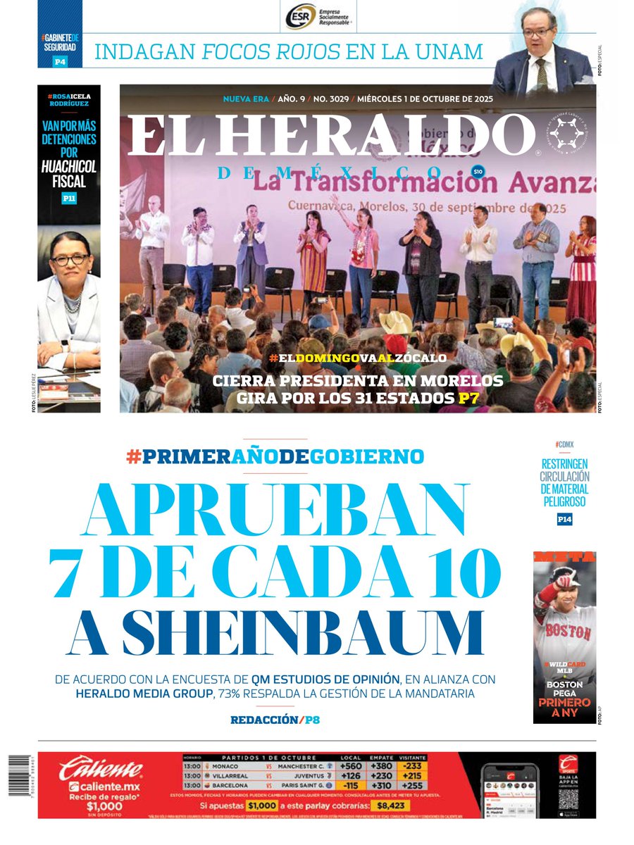 #EnPortada de El <a href="/heraldodemexico/">El Heraldo de México</a> 📰:

🔵 Aprueban 7 de cada 10 a #ClaudiaSheinbaum
🔵Cierra presidenta en Morelos gira por los 31 estados
🔵 Indagan focos rojos en la UNAM

➡ bit.ly/4goLA6H