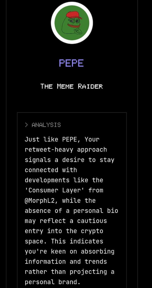 Drago_fly10's tweet photo. Looks like my vibe check came back as pure PEPE energy 🐸🔥
 👉https://t.co/YXVUKZmTp5, share your result, and claim the bonus 500 XP - https://t.co/Ur14IPI1YY
@vana #datarevolution https://t.co/kIDSX5AEHY