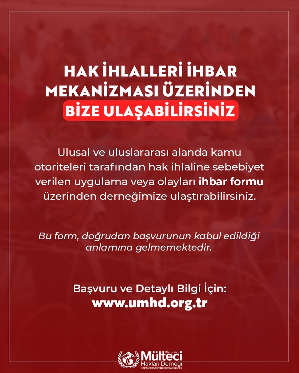 Yaşadığınız insan hakları ihlallerini bize bildirin!

UMHD olarak ülkemizdeki kötü muamele, işkence veya zalimane muamele, ayrımcılık, hak ve hizmetlere erişim engeli, keyfi tutulma halleri, geri itme (push-back) ve geri gönderme (refoulement) riski vakalarını en aza indirmeyi
