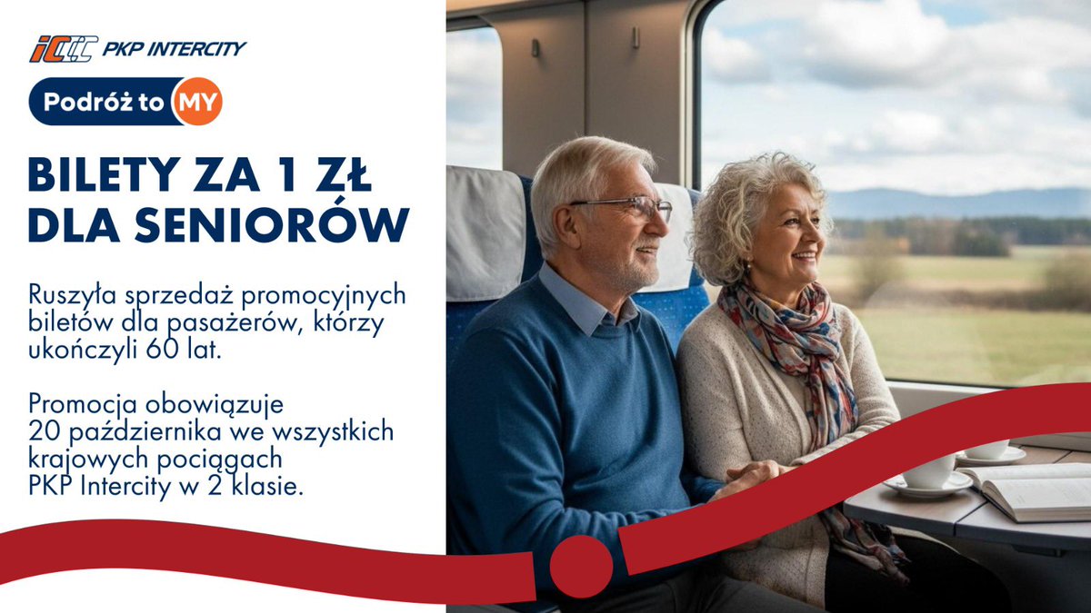Janusz Malinowski (@j_malinowski) on Twitter photo ‼️20 października seniorzy podróżują pociągami <a href="/PKPIntercityPDP/">PKP Intercity</a> za 1 zł! Sprzedaż promocyjnych biletów właśnie ruszyła. Mogą je kupić wszyscy pasażerowie, którzy ukończyli 60 lat. Promocja obowiązuje w 2 klasie, we wszystkich pociągach, w tym w Pendolino. intercity.pl/pl/site/o-nas/… ‼️20 października seniorzy podróżują pociągami <a href="/PKPIntercityPDP/">PKP Intercity</a> za 1 zł! Sprzedaż promocyjnych biletów właśnie ruszyła. Mogą je kupić wszyscy pasażerowie, którzy ukończyli 60 lat. Promocja obowiązuje w 2 klasie, we wszystkich pociągach, w tym w Pendolino. intercity.pl/pl/site/o-nas/…