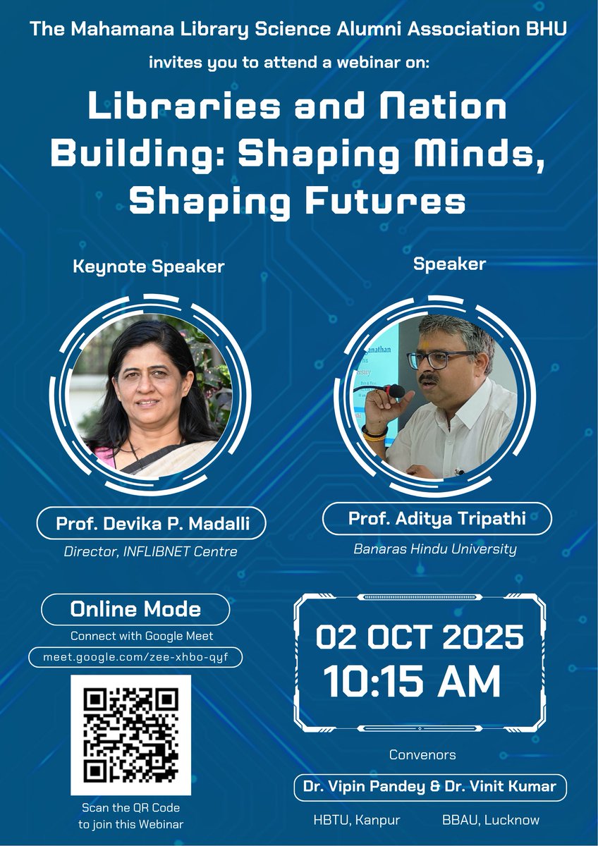 INFLIBNET's tweet image. Prof. @DevikaInflibnet, Director, @INFLIBNET, will deliver a special Vijay Dashmi lecture on: "Libraries and Nation Building: Shaping Minds, Shaping Futures."
Hosted by The Mahamana Library Science Alumni Assocation BHU.
Lets connect on meet.google.com/zee-xhbo-qyf
