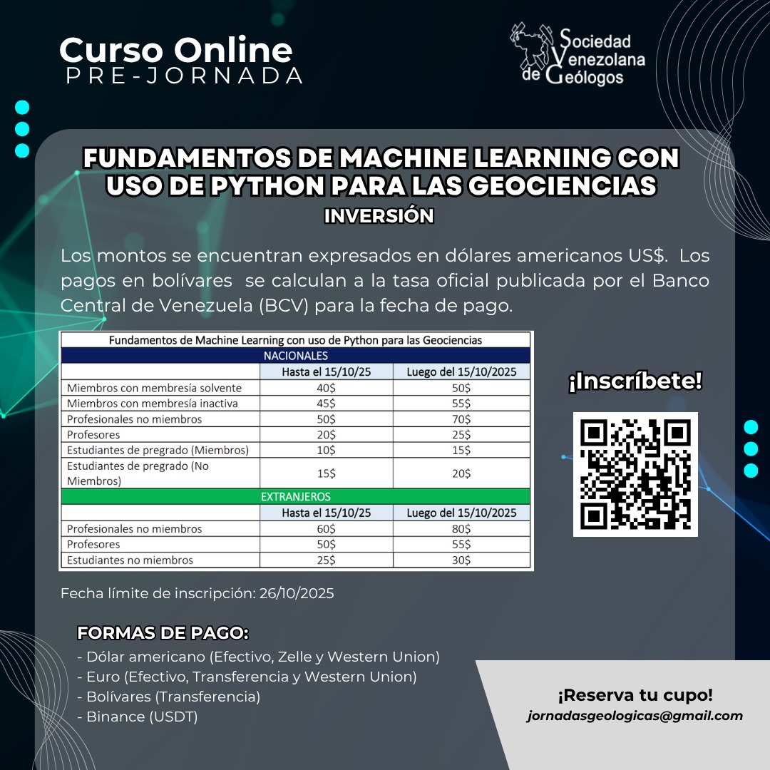 ¿Deseas empoderar tus habilidades y convertirte en un profesional con más competencias en geociencias?

📌 Curso: Fundamentos de Machine Learning con uso de Python para las Geociencias.

Enlace de registro: lnkd.in/esDfsvqS o en la bio de nuestro perfil de Instagram.