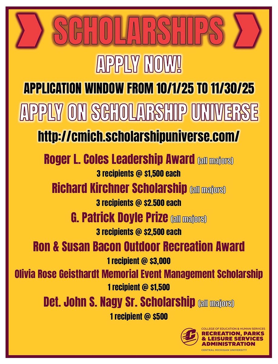 cmurpl's tweet image. All RPL-specific scholarships are now available on CMU’s Scholarship Universe. Applications open today thru Nov 30th! Access these scholarships and all others at @cmuniversity via cmich.scholarshipuniverse.com  🔥👆💵 @cmuehs @cmualumni