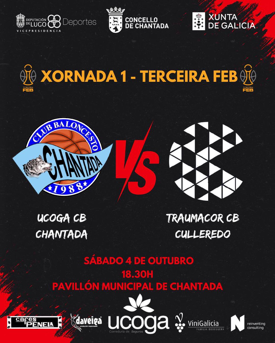 Comeza o bo! 🔥 Comeza a Liga na casa! 🏡 

🔴 #Ucoga CB #Chantada 🆚 Traumacor CB Culleredo 🔵
📅 Sábado 4 de outubro
🕡 18.30h
📍 Pavillón Polideportivo Municipal

‼️Non vos perdades o inicio da tempada.Volve a marea vermella! ❤️

#imoslobos🐺 #cbchantada #tercerafeb