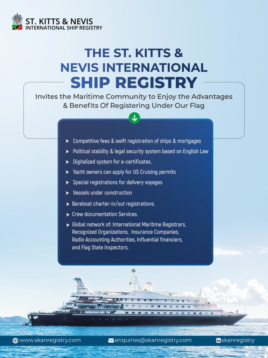 St Kitts and Nevis International Ship Registry
Fly the Flag of the Federation of St Kitts &amp;Nevis

How to Register or get more details?
Head Office: 
E: mail@skanregistry.com
T: +44 (0)1708 380400

#SKANReg #shipregistry #shippingindustry #skanregistry