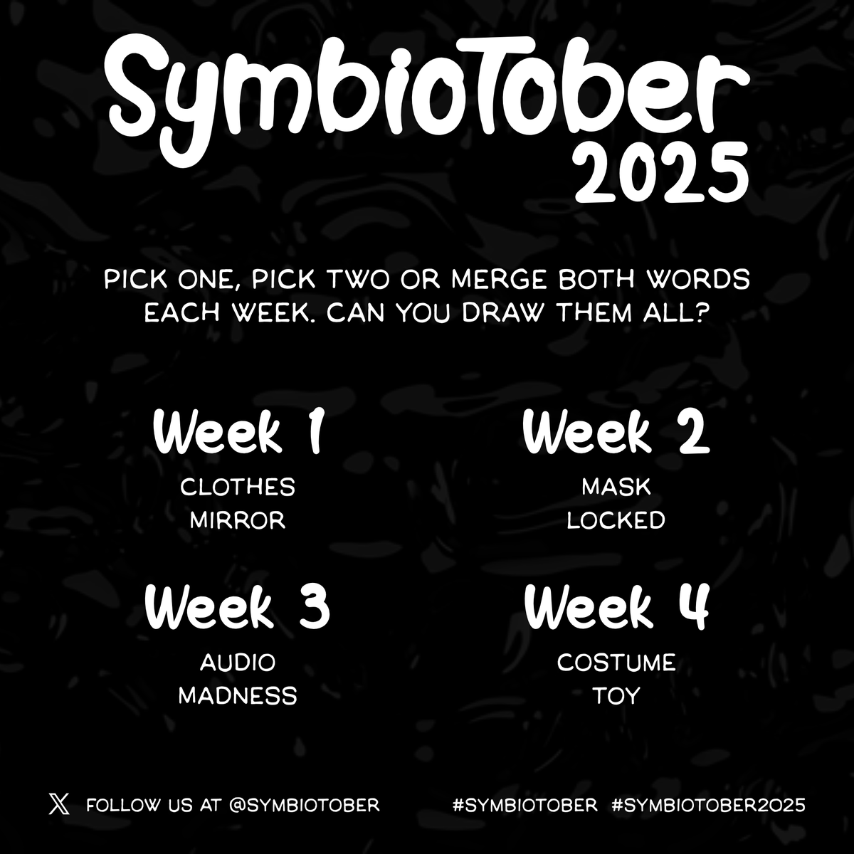 Ugh, took us a while to recover this account, but we are back ~

Let's try something more chill this year, because why not. Have fun, we know we will 😉

We will repost any art that is properly tagged with #symbiotober #symbiotober2025