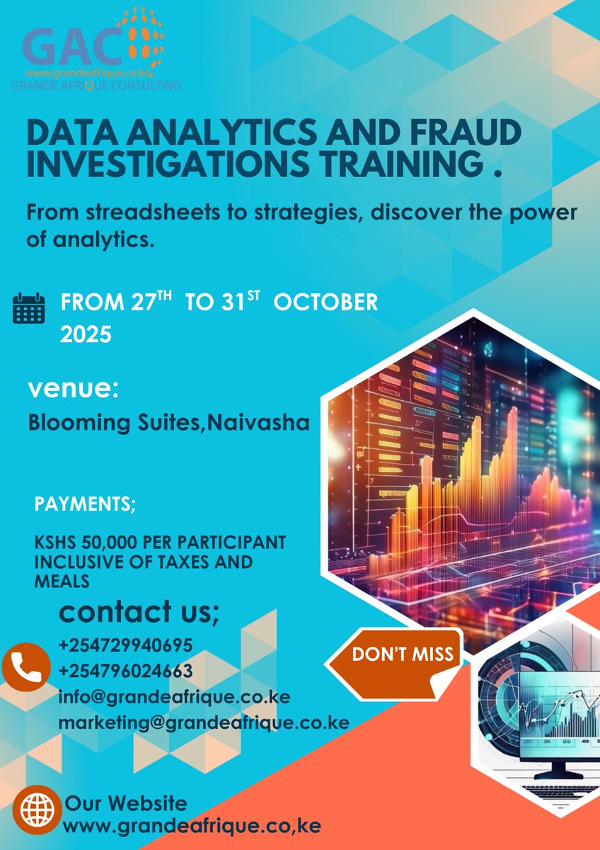 We welcome you to the Data Analytics and Fraud Investigations training. 
Contact us at: markerting@grandeafrique.co.ke for more info
Click the link below to register for the training: forms.gle/4wJzjHA2Htaa1e…
