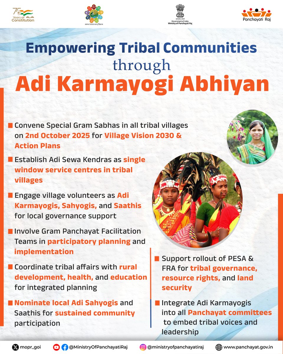 mopr_goi's tweet image. The Ministry of Panchayati Raj is committed to empowering tribal communities and strengthening grassroots governance through the #AdiKarmayogiAbhiyan, a transformative initiative aimed at ensuring inclusive development and effective #LocalGovernance in tribal regions.

As part of…