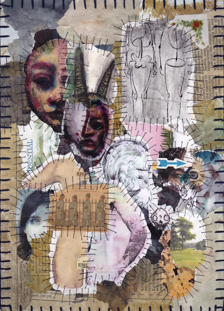 JoannaHartist's tweet image. “Pay with your identity” -29.09.2025 

.. 

#mixedmediacollage #painttextures #magazineephemera #experimentalart #outsiderart #stitchedcollage #stitchingonpaper #masks #bodies #sketchbookdrawings #inkbleed
