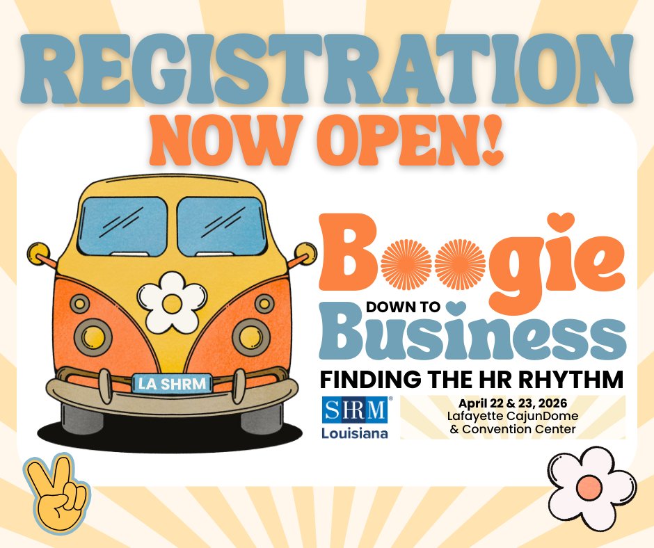 🎶 Registration is OPEN! 🎶

Join us April 22–23 in Lafayette for the 2026 Louisiana SHRM Conference &amp; Exhibition.

✨ Theme: Boogie Down to Business
📍 Cajundome &amp; Convention Center
👉 Register now: louisianashrm.org/event-5930373

#LASHRM2026 #HRConference