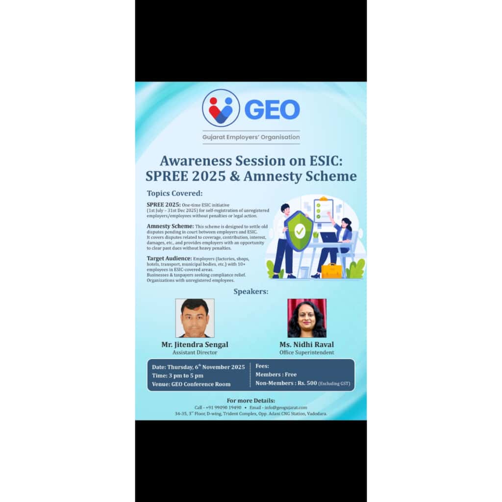 geogujarat's tweet image. Awareness Session on ESIC: SPREE 2025 &amp;amp; Amnesty Scheme
Learn about:
SPREE 2025 – One-time self-registration
Amnesty Scheme – Settle old ESIC disputes
For employers, HRs, &amp;amp; businesses in ESIC-covered areas
#GEO #ESIC #SPREE2025