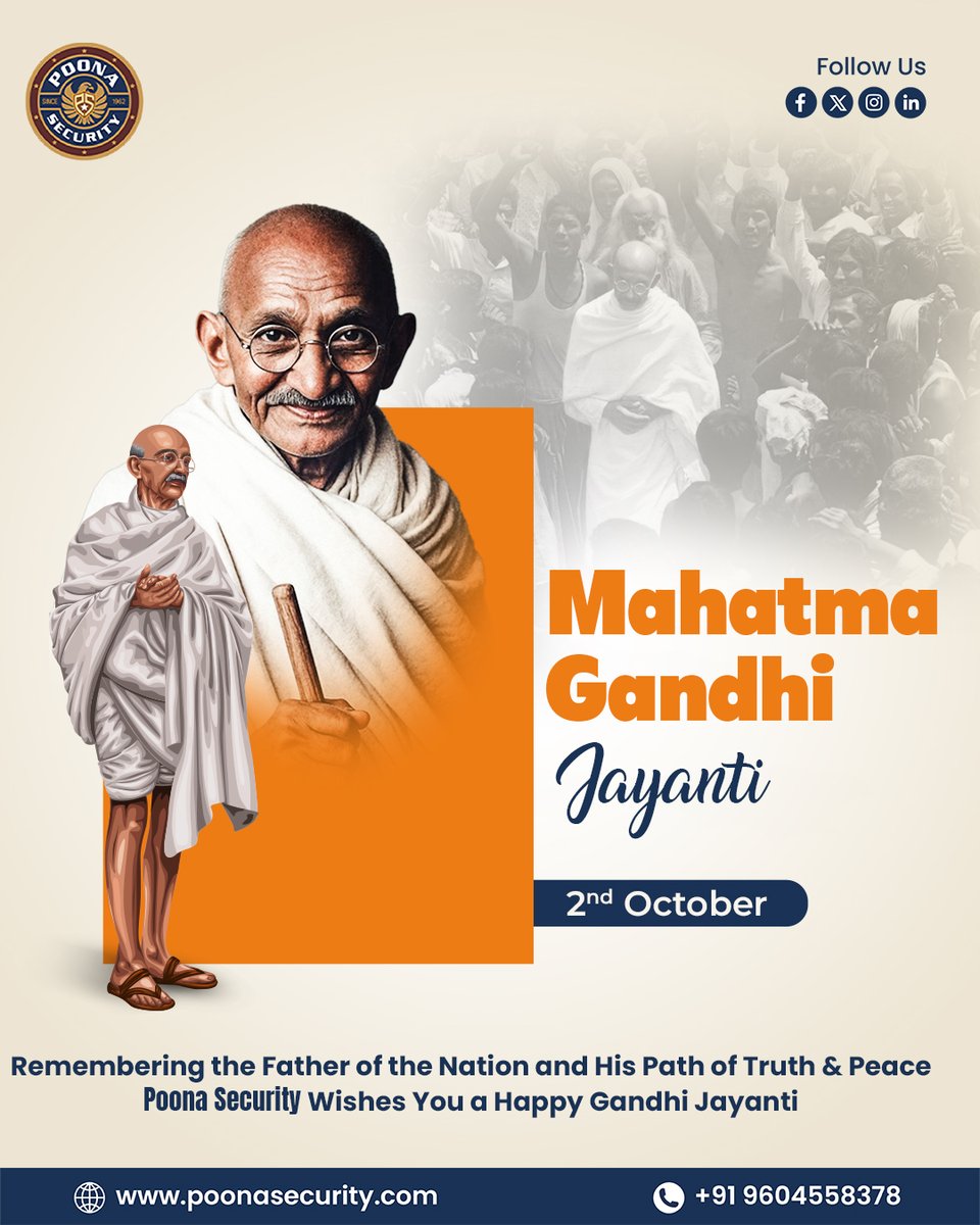 PoonaSecurity's tweet photo. Walking on the path of truth keeps us united and strong.

Let’s honour his legacy with peace and safety.

Contact us: https://t.co/vFmEDcEOtn
.
.
.
#poonasecurity #securityservices #pune #Maharashtra #poonasecurityguards #eventsecurity #gandhijayanti #mahatmagandhi https://t.co/ndJSd49swK